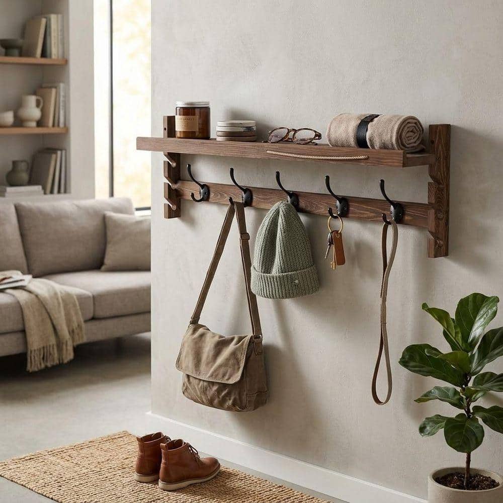 28 in. Brown Wood Wall Mount Coat Rack with 5 Dual Hooks LINBQ642