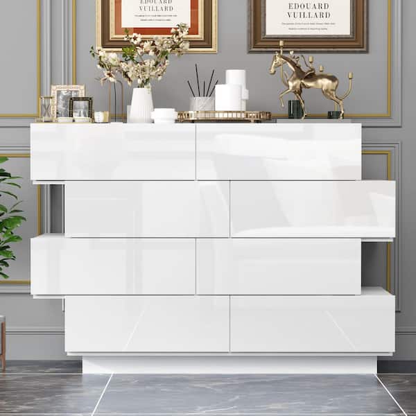FUFU&GAGA White 8-Drawers 50.1 in. W Chest of Drawers with High Gloss  Surface, Irregular Design, Modern Wood Double Dresser ZJ-JQ260131-01