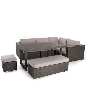 Gray 7-Piece Faux Rattan Rectangular Outdoor Sofa Dining Set with Silver Cushion