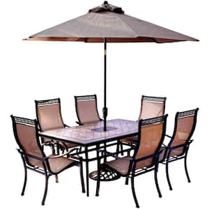 7-Piece Outdoor Dining Set with Rectangular Tile-Top Table and Contoured Sling Stationary Chairs, Umbrella and Base