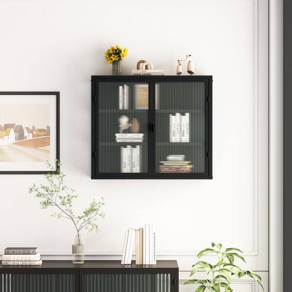 FUNKOL 5.91-in W x 23.62-in D x 27.56-in H in Black Iron Ready to Assemble Wall Kitchen Cabinet with Mirror