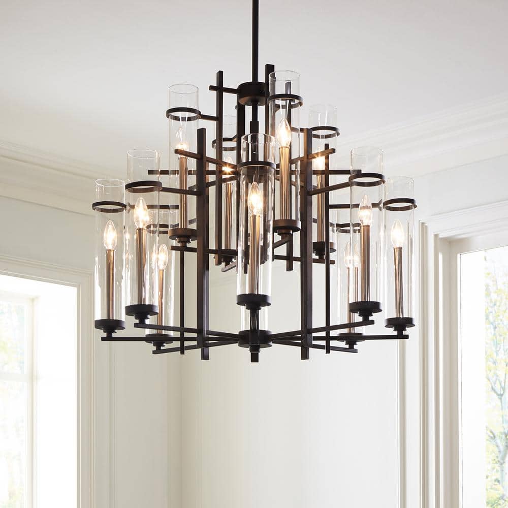 Antique Forged Iron and Brushed Steel 12-Light Chandelier with Clear Glass Shades
