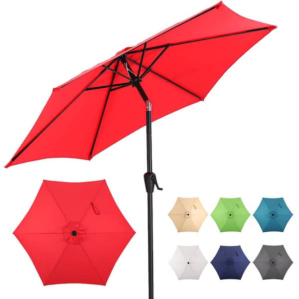 bright red patio umbrella Sun-Ray 7.5 Steel 6 Rib Solid Color, Non Solution Dyed Polyester, Crank and Tilt