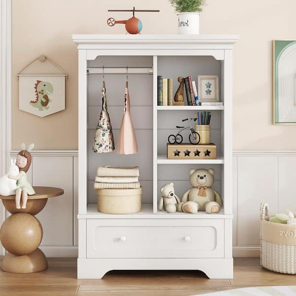 ANBAZAR White MDF 15.7 in. W Open Children's Wardrobe Armoire with Hanging  Rods and Drawers and Open Dividers WardrobeWH-X - The Home Depot