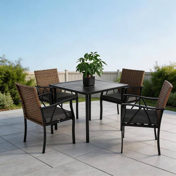 iwicker patio square steel dining table with umbrella hole Sophia & William 9pc Set for 8, Rattan Chairs ensuring sturdy support while you relax on the included cushioned seats Nuu Garden Rattan Metal Patio