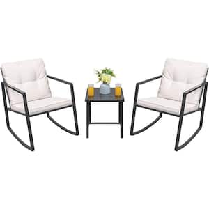 3-Piece Metal Outdoor Bistro Set with Beige Cushion and Glass Coffee Table