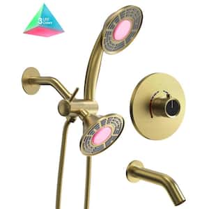 Smart LED Grain Dual Showers 5 in. 3-Spray Wall Mount Shower Faucet 2.5 GPM with Valve and Tub Spout in Brushed Gold