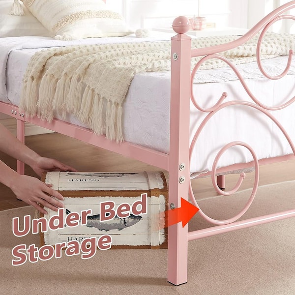 Bed Frame Twin Size Bed Mattress Foundation Support with Headboard and Footboard Metal Platform Bed, Pink