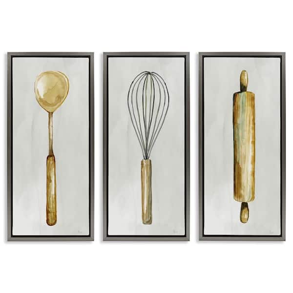Stupell Industries Traditional Kitchen Utensils by Nan 3 Pieces Gray Floater Frame Food Graphic Art Print 25 in. x 11 in.