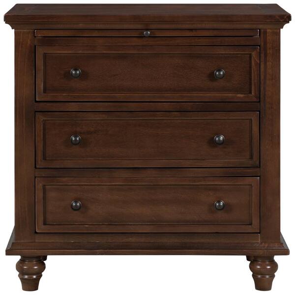 MidCentury 3Drawer 28 in. Brown Rectanglar Top Pine End Table with