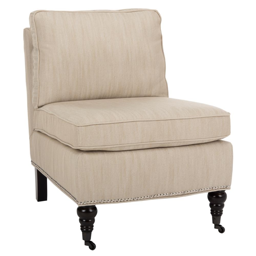 Beige Linen Slipper Chair with Spindle Wood Legs