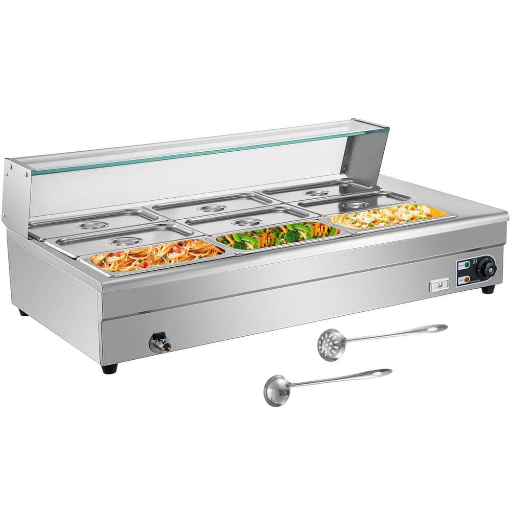 VEVOR 9 Pan x 1/3 GN Stainless Steel Commercial Food Steam Table 6 in. Deep, 1500-Watt Electric Food Warmer 63 Qt.