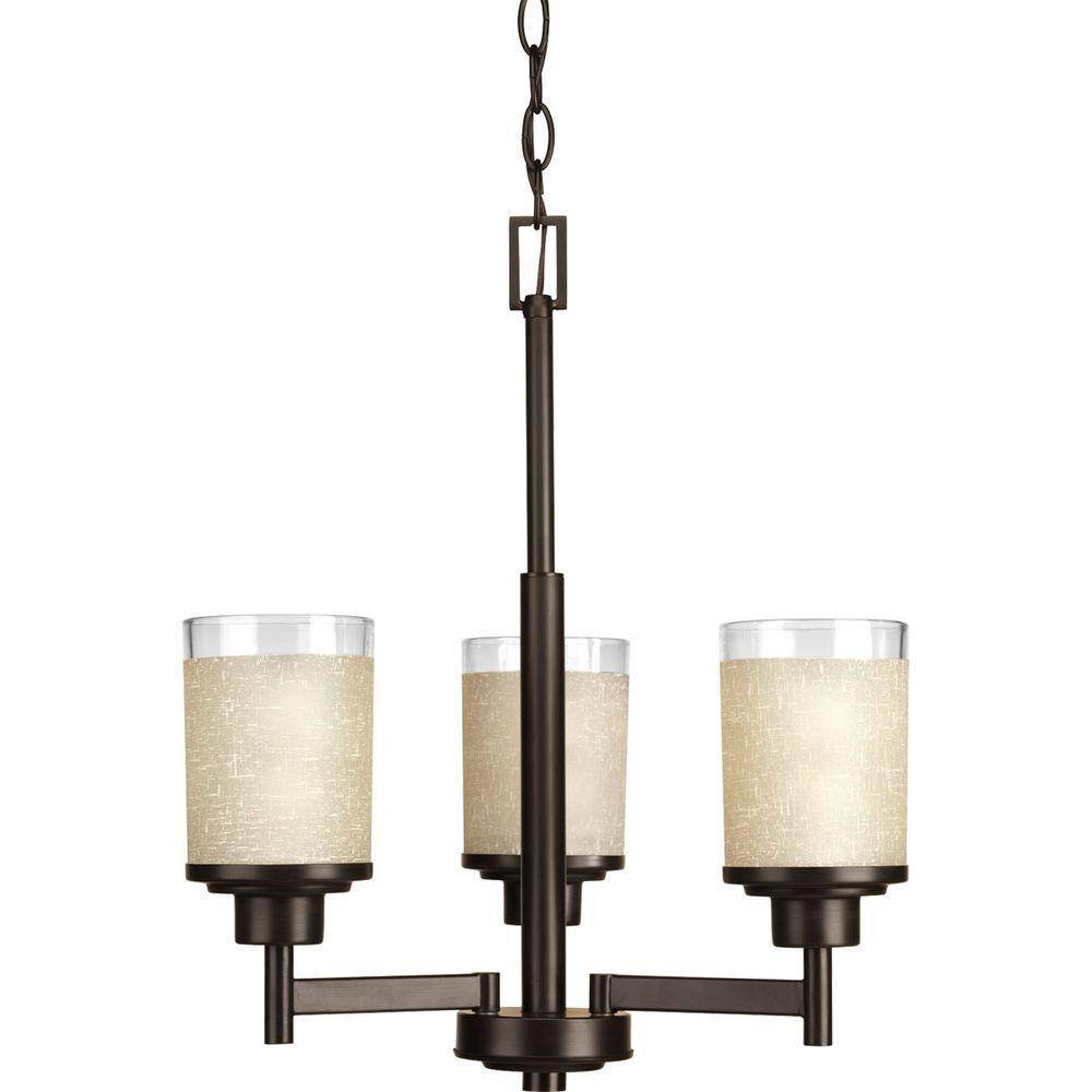 Antique Bronze 3-Light Chandelier with Textured Linen Glass Shades
