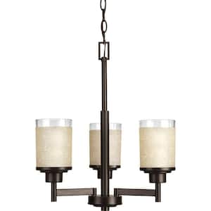 Alexa Collection 3-Light Antique Bronze Etched Umber Linen With Clear Edge Glass Modern Chandelier Light