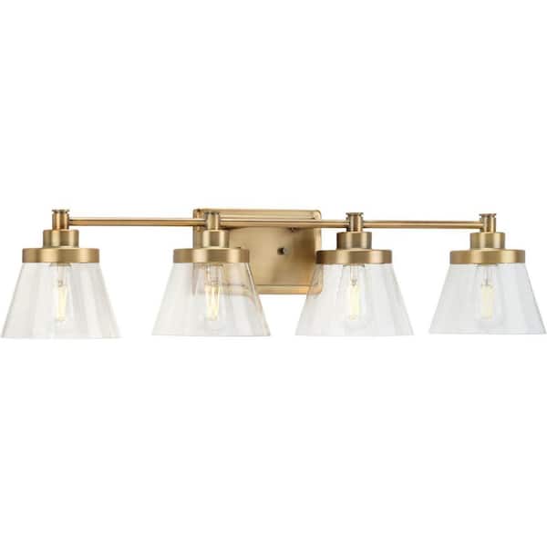 Progress Lighting Hinton 33.5 in. 4-Light Vintage Brass Clear Seeded Glass Farmhouse Bath Vanity Light