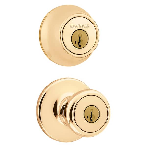 Kwikset 695 Tylo Polished Brass Keyed Entry Knob and Double Cylinder Deadbolt Combo Pack Featuring SmartKey Security
