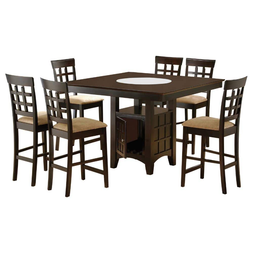 Uric Brown Square Wood Top Counter Height Dining Table Set with Wine Storage and 6-Lattice Chairs