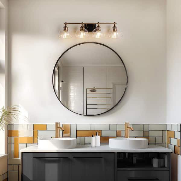 Modern 4-Light Black and Plated Brass Vanity Light Damp Wall Light with Bell-Shaped Clear Glass Shades for Bathroom