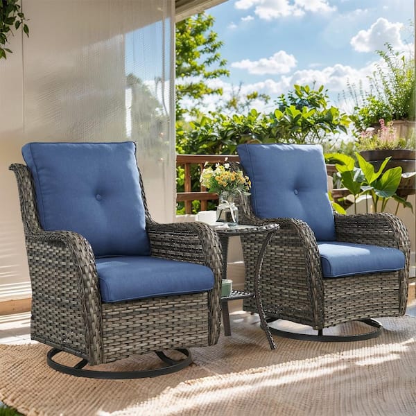 Gymojoy Carolina Gray 3 Pieces Wicker Patio Conversation Deep Seating Set with CushionGuard Blue Cushions