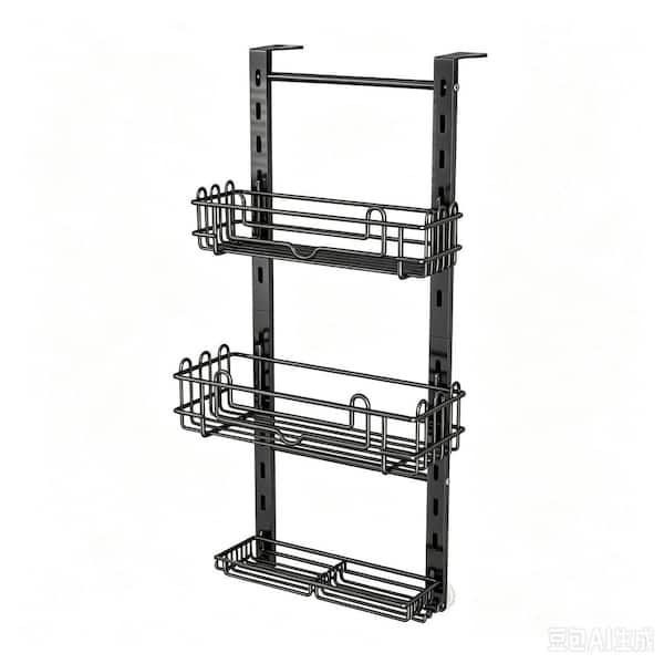 25.98 in. H x 12.36 in. W x 4 in. D, 3 Tier Hanging Metal Over the Door Shower Caddy Shelf with 16 Hook in Black