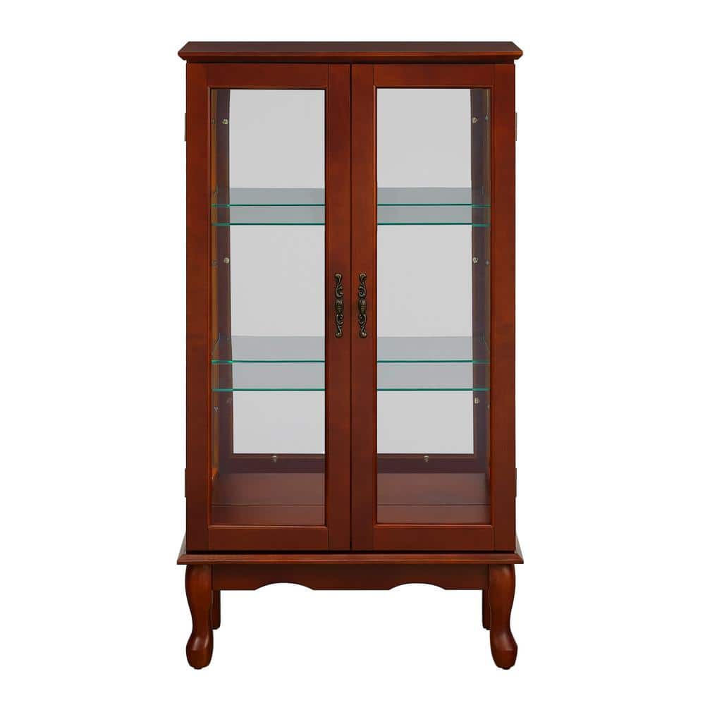 Curio Cherry Cabinet Lighted Curio Diapaly Cabinet with Adjustable Shelves and Mirrored Back Panel Tempered Glass Doors