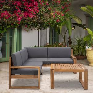 Modern Acacia Wood Outdoor Patio Sectional Sofa Set Conversation Set with Gray Cushions Outdoors and Indoors (3-Piece)