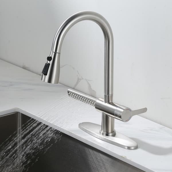 15.7 in. H Pull Down Sprayer Kitchen Faucet with 3-Modes 360° Spout Swivel and Unique Waterfall Spout in Brushed Nickel