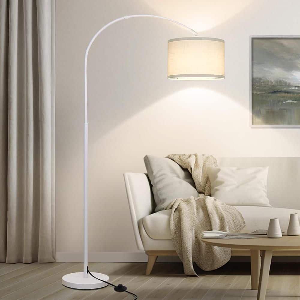 71 in. White 1-Light Arc Floor Lamp with Linen Shade and No Bulbs