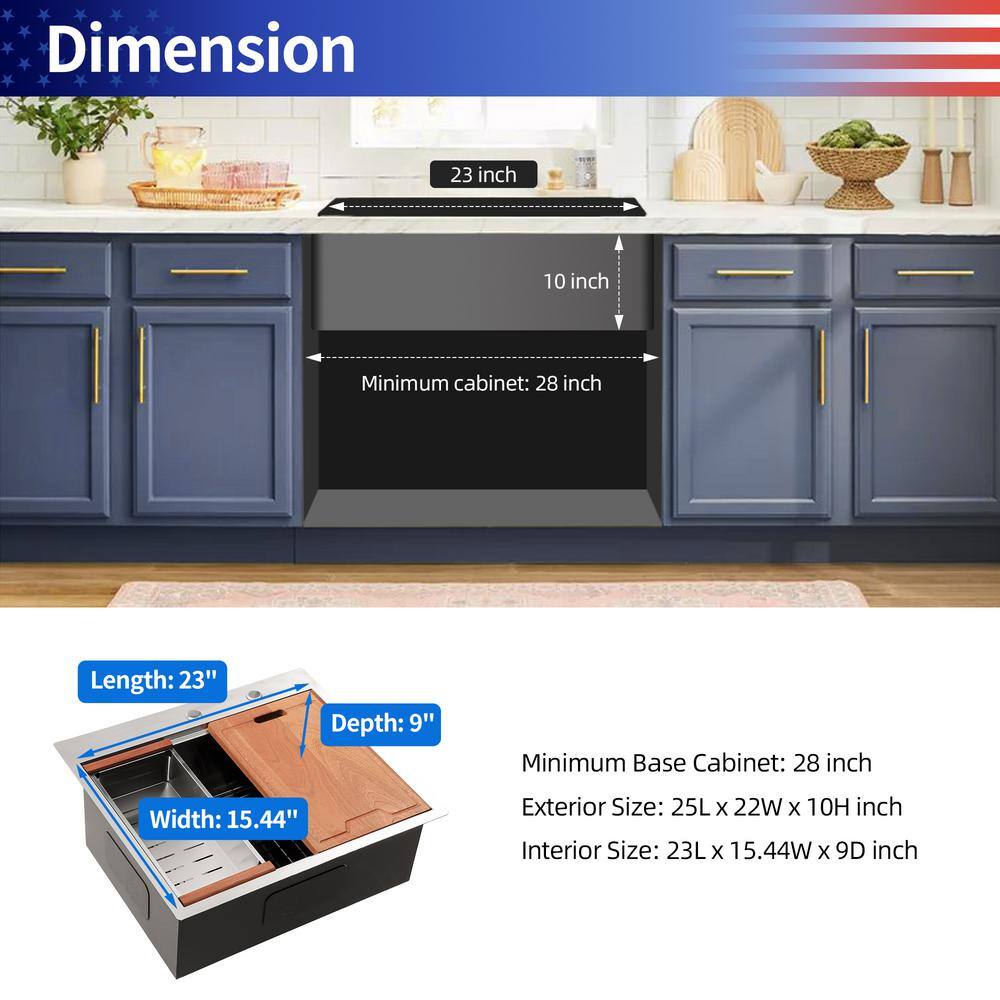 25'' Brushed Nickel Stainless Steel Single Bowl Workstation Sink