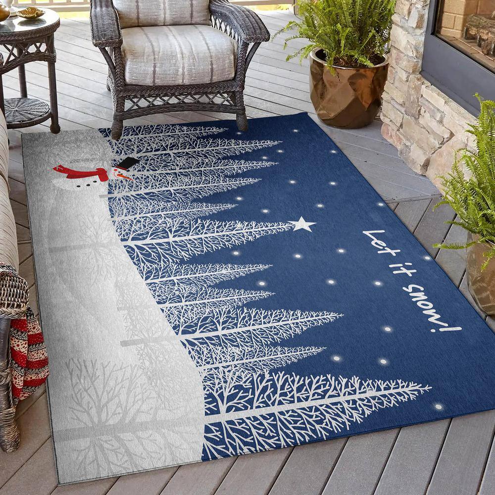 Cozy Winter Blue Rectangular Washable Holiday Rug 3' x 5'