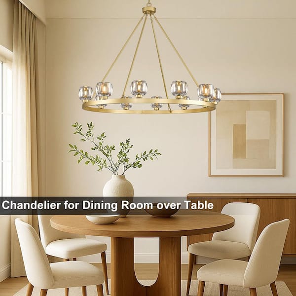 12 Lights 48 in. Dimmable LED Wagon Wheel Gold Chandelier with Glass Shade for Dinning Room Kitchen Island Foyer