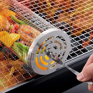 Rolling Grilling Basket 2 PACK, Round Stainless Steel Grill Mesh, BBQ Grill Mesh for Vegetables, Fish(M and L, Pack-2)