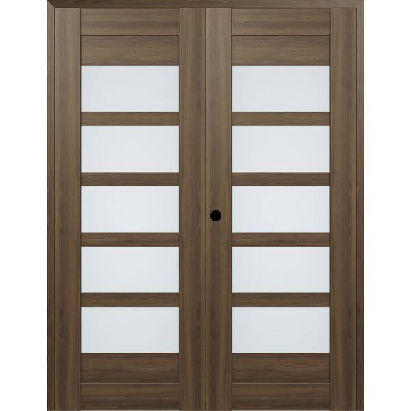 Belldinni Vona 07-07 60 in. W x 80 in. Right Active 5-Lite Frosted Glass Pecan Nutwood Wood Composite Double Prehung Interior Door