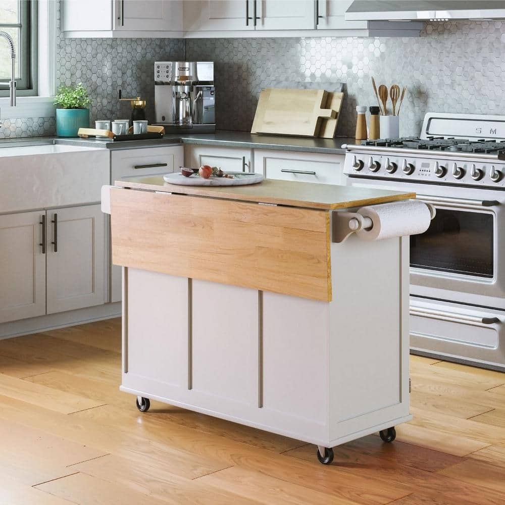 White Wood Drop Leaf Kitchen Cart with Spice Rack