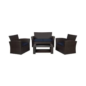Hudson 4-Piece Chocolate Wicker Outdoor Patio Loveseat and Armchair Conversation Set,Navy Blue Cushions and Coffee Table