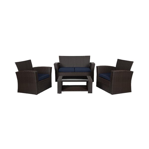 WESTIN OUTDOOR Hudson 4-Piece Chocolate Wicker Outdoor Patio Loveseat and Armchair Conversation Set,Navy Blue Cushions and Coffee Table