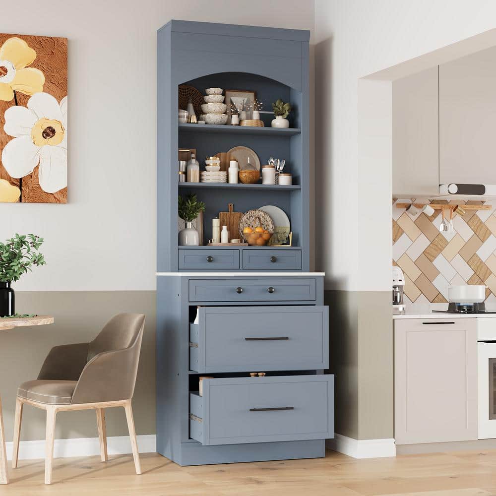 Tileon 83.7 in. Tall Kitchen Pantry Hutch, Freestanding Cabinet with Faux Marble Top, 5 Drawers and Adjustable Shelf, Gray