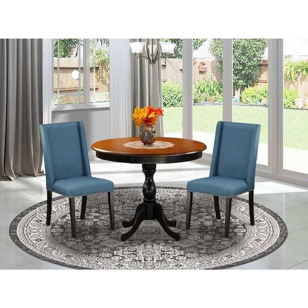 East West Furniture 3-Piece Black and Cherry Finish Solid Wood Top - Dining Room Set with High Back - Seats-4