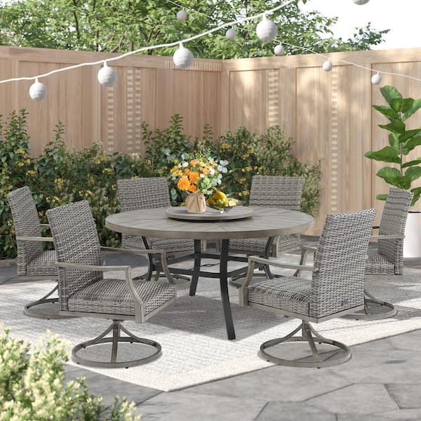 7-Piece Wicker Outdoor Dining Set, Swivel Dining Chairs and Round Dining Table with Lazy Susan