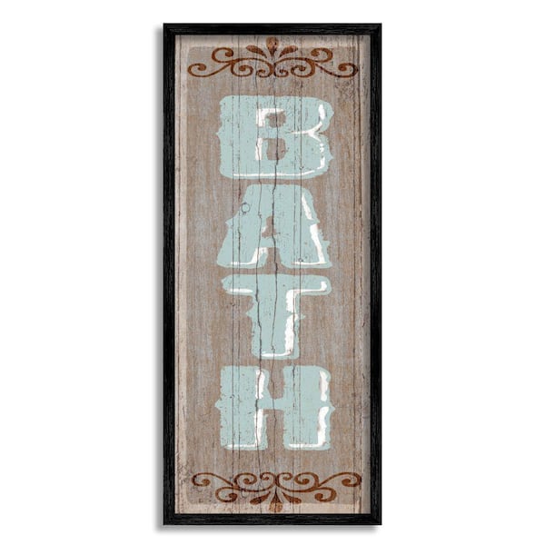 "Rustic Bath Sign Blue Brown Bathroom" by Art Licensing Studio Framed Print Abstract Texturized Art 10 in. x 24 in.