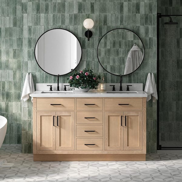 Hepburn 61 in. W x 22 in. D x 36 in. H Double Freestanding Bath Vanity in Oak with Pure White Quartz Top