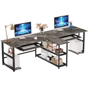 Moronia 95 in. Rectangle Gray Particle Board Computer Desk with Keyboard Tray 2 Person Office Desk with Storage Shelves