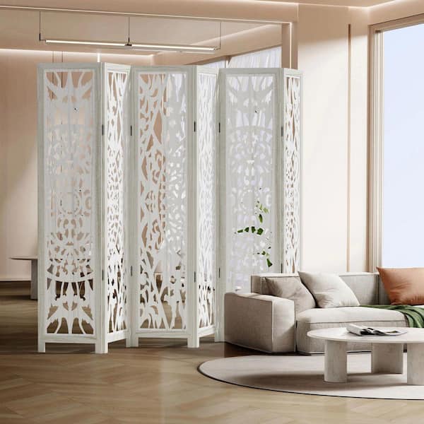 Lirago 67 in. White Wood 6 Panel Room Divider Panels, Folding