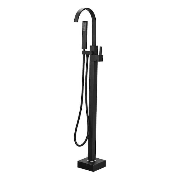 Single Handle Freestanding Tub Filler Floor Mount Bathtub Faucet with Handheld Shower in Black