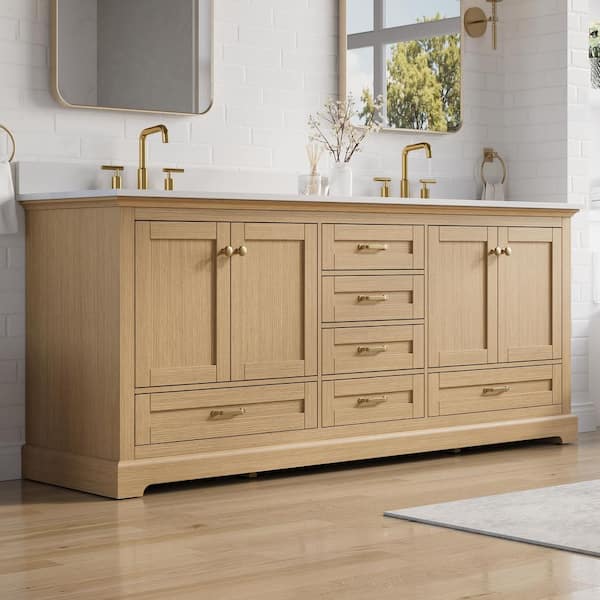 80 in. Solid Wood Freestanding Double Sink Oak Bath Vanity with White Cultured Marble Top, Soft-close Door and Drawer