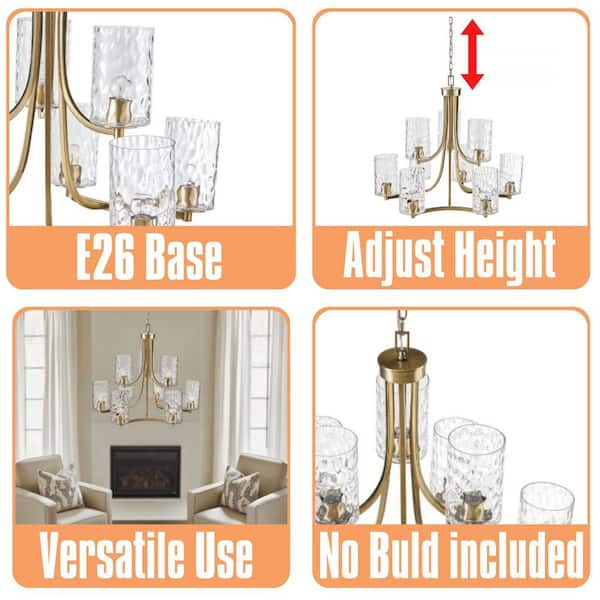 Transitional 9-Light Antique Brass Textured Glass Cylindrical Pendant Chandelier for Dining Room (No Bulbs Included)