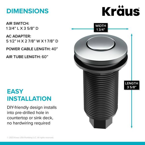 KRAUS Garbage Disposal Air Switch Kit in Chrome with Push Button, AC Adapter,  Power Cord, and Air Tube Included KWDA-100CH - The Home Depot