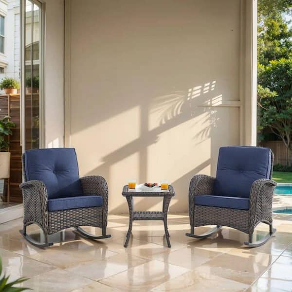 Gymojoy Annies Brown 3-Piece Wicker Outdoor Rocking Chair Set with CushionGuard Blue Cushion and Side table