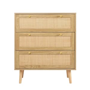 3-Drawer Chest of Drawers with Pine Wood Legs, Farmhouse Rattan Dresser Natural Oak 31.5 in W. x 35.4 in H.