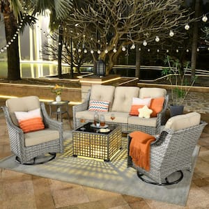 Palffy Gray 5-Piece Wicker Patio Conversation Seating Set with Beige Cushions and Swivel Rocking Chairs